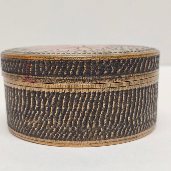 Vintage Japanese Round Wooden Trinket Jewelry Box Floral Theme - Picture 4 of 9